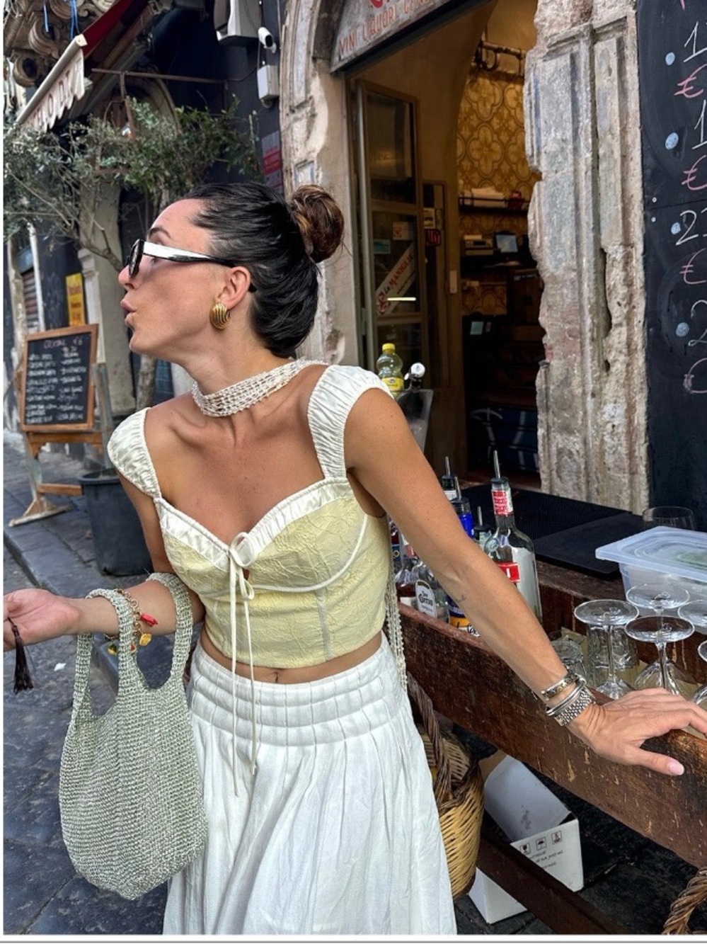 12th Tribe Pale Yellow Corset Crop Top with Cap Sleeves